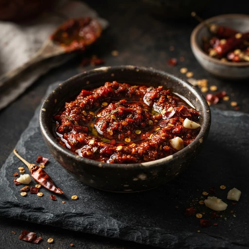 Deep red harissa paste with dried chilies and olive oil
