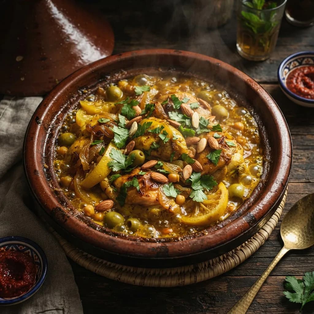 Bubbling Moroccan chicken tagine with preserved lemon, olives, and saffron sauce