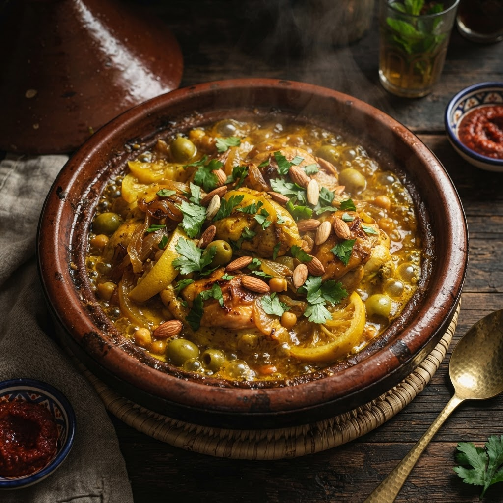 Bubbling Moroccan chicken tagine with preserved lemon, olives and saffron sauce